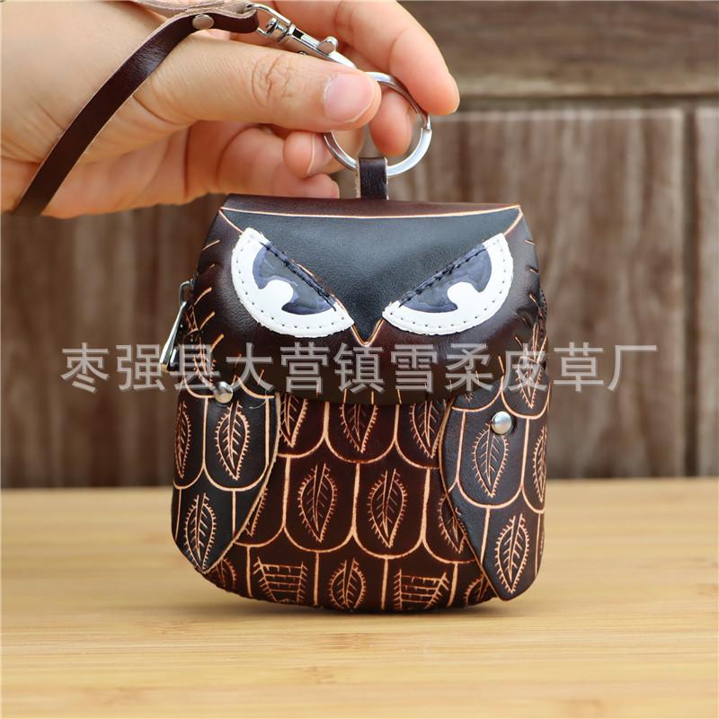First Layer Cowhide Creative Owl Mini Change Bag Cowhide Card Bag Key Bag Clutch Bag Flip Hand Bag