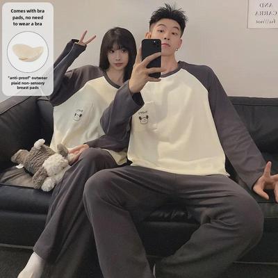 "Women's & Men's Cartoon Pajama Set with Chest Pads – Korean Style Long-Sleeve Home Wear for Autumn & Winter"