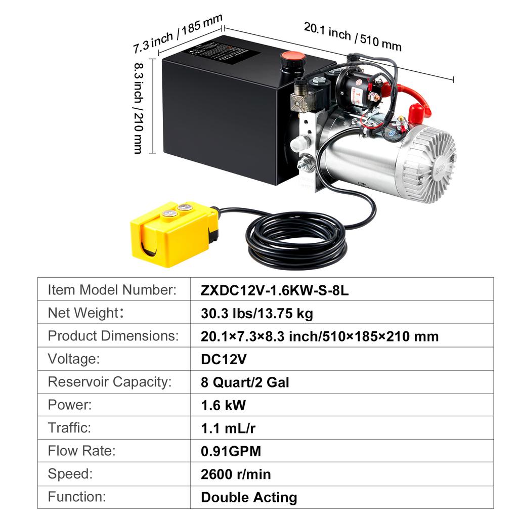SucceBuy Hydraulic Pump 4-20 Quart Dump Trailer Pump Double Acting Dump Trailer Pump DC 12V Hydraulic Power Unit for Car Lifting