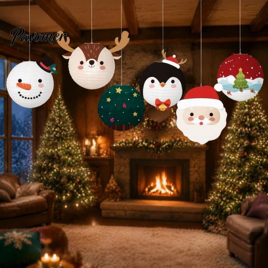 Snowman Ceiling Ornaments 6Pcs Christmas Cartoon Paper Lanterns, Santa Penguin Reindeer Decorative Lantern Sets Hanging Decor for Store Window,
