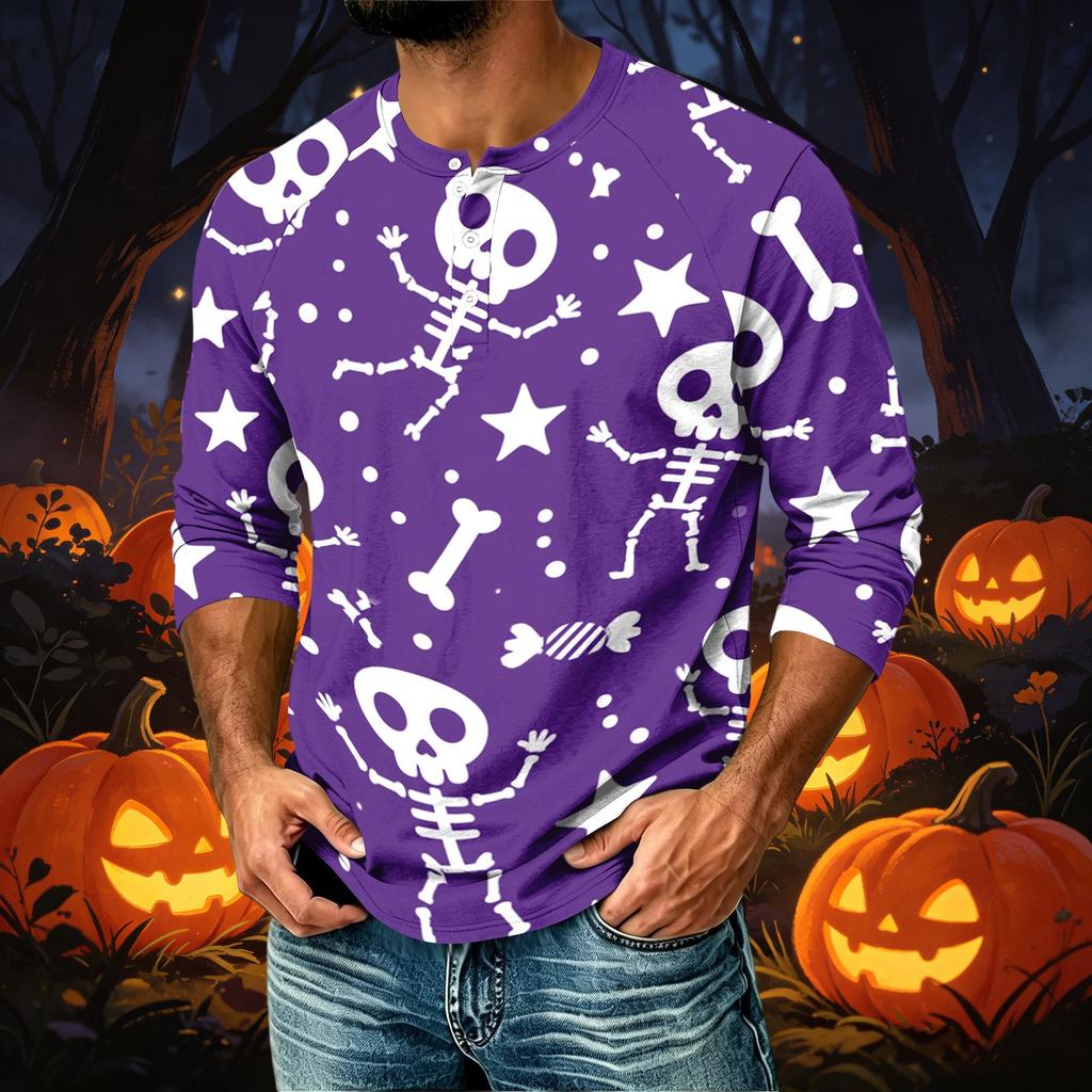 Men's Casual Raglan Three-Quarter Sleeve Shirt Halloween Print