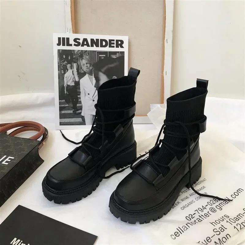 2025 New Women Motorcycle Boots Ladies Casual Stretch Fabric Socks Boots Fashion Cross-tied Women Shoes Platform Boots Gothic