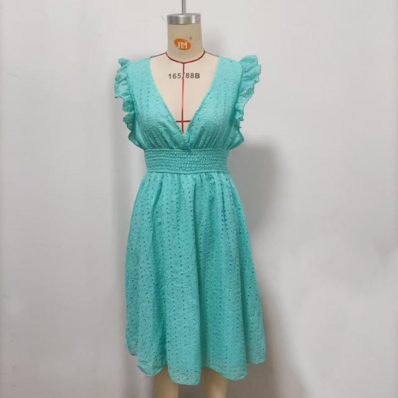Fashion White Hollow Lace Midi Dresses Women Summer V Neck Ruffle Sleeve Dress Elegant Office Lady Casual Beach Holiday Sundres