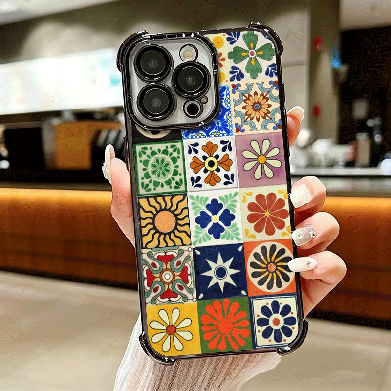 Italian Sicilian Style Floral Pattern Plating Phone Case For Iphone 16 17 Pro Max Air 16E 14 15 Plus 12 13 Mini Anti-Fall Airaba