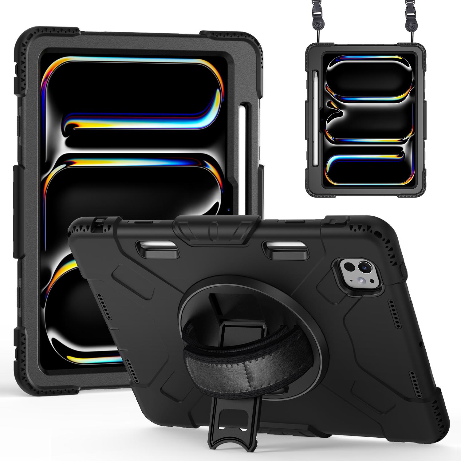 

For iPad Pro 11 (2024) Kickstand Case Anti-Scratch Tablet Cover with Shoulder Strap Black