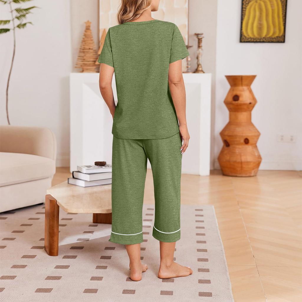 Women Casual Loose Fit Short Sleeve T Shirt and Capri Pants Loungewear Set Homewear Soft Fabric Comfortable Fit