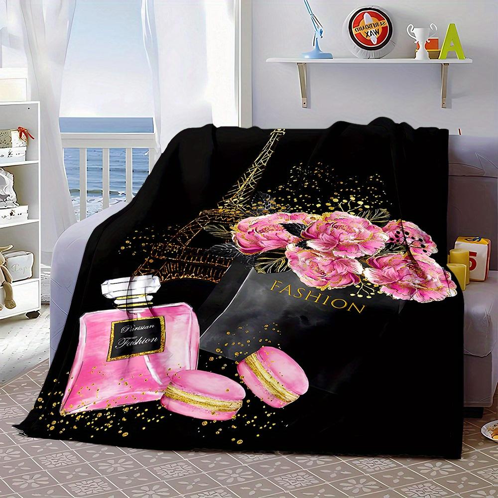 Eiffel Tower Floral Print Flannel Throw Blanket - Reversible All-Season Polyester, Home Office Gift