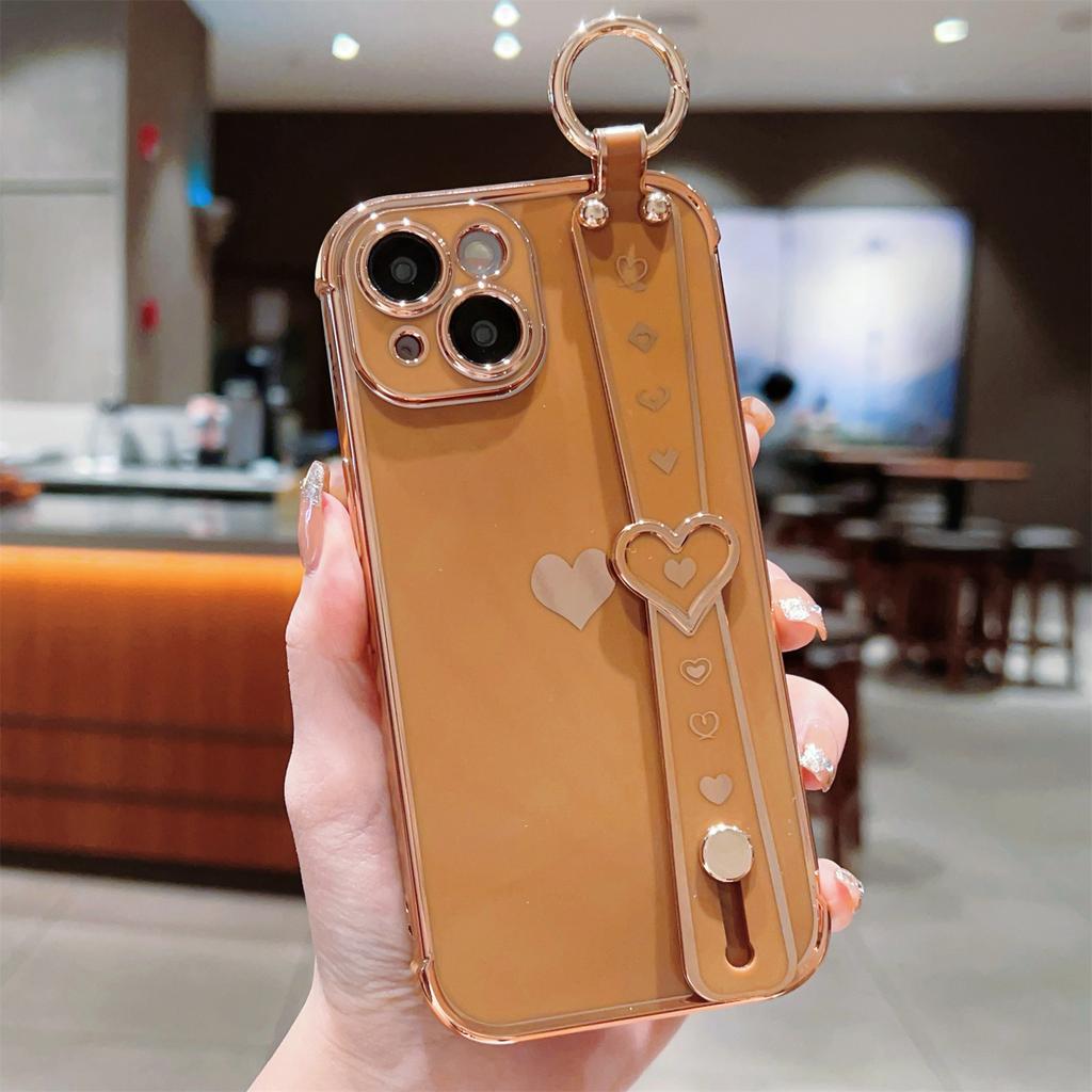 For iPhone 13 Case Love Heart Pattern TPU Phone Cover Wristband Finger Holder