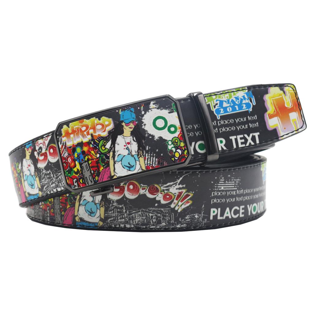 New Casual Automatic Buckle Printed Graffiti Casual Versatile Personalized Belt Belt European and American Versatile