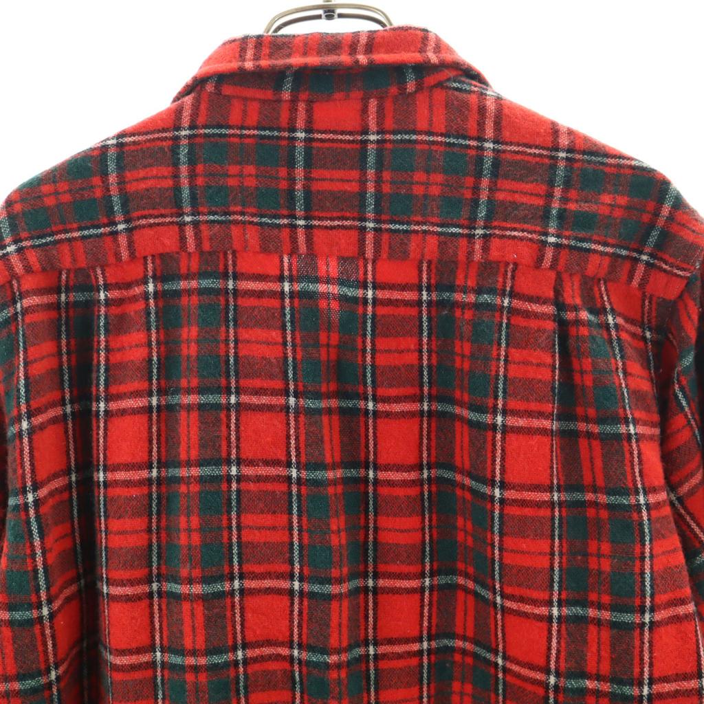 60s Vintage Wool Blend Check Pattern Long Sleeve Open Collar Shirt M Red Men's Used