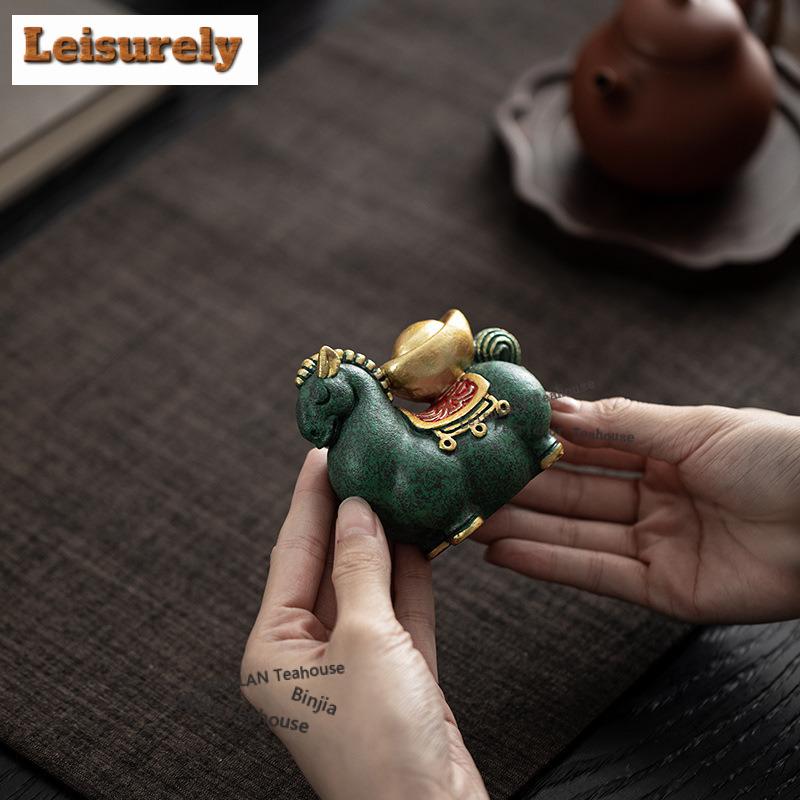 Green Sand Stone Wealth Ingot Horse Tea Pet Traditional Tea Games Tea Figurine Play Toys Tea Statue Ornaments Teaware Craft Gift