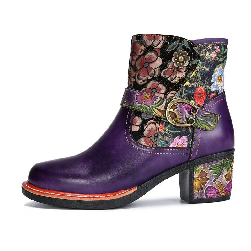 Johnature Vintage Floral High Heeled Women's Boots Genuine Leather Shoes Hand-painted Belt Buckle Fashion Short Boots