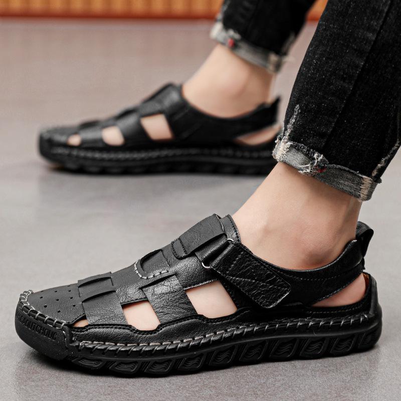 2025 Genuine Leather Sandals Men's Beach Shoes Bag Head Cowhide Casual Beef Tendon Sole Non-slip Soft and Comfortable Middle-aged Dad Shoes