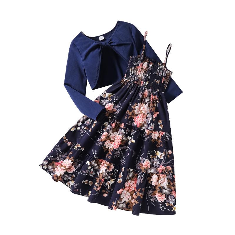 Kinder Mode Kleid Langarm Strickjacke Zweiteiliges Set, Frühling und Sommer Mädchen Neckholder Kleid Set
