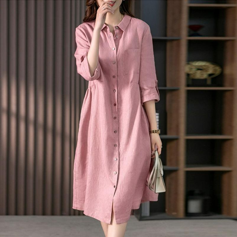 

Summer Loose Solid Color Cotton and Linen Three-quarter Sleeve Dress Women s Mid-length Shirt 2XL рожевий