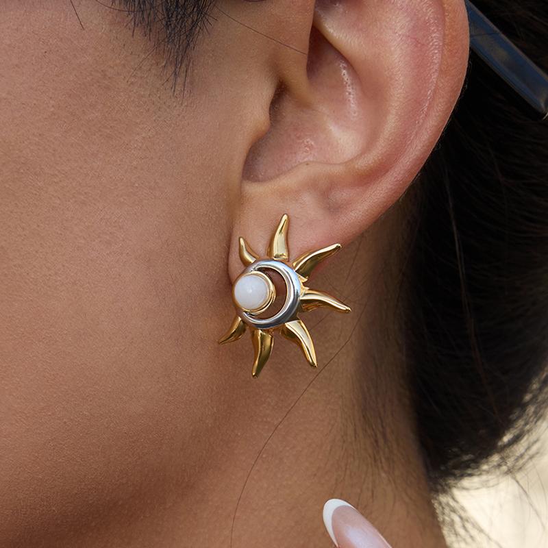 Youthway Gold And Color-Blocking Design Moonstone Sun Stud Earrings Stainless Steel Women’S Everyday Jewelry Gift