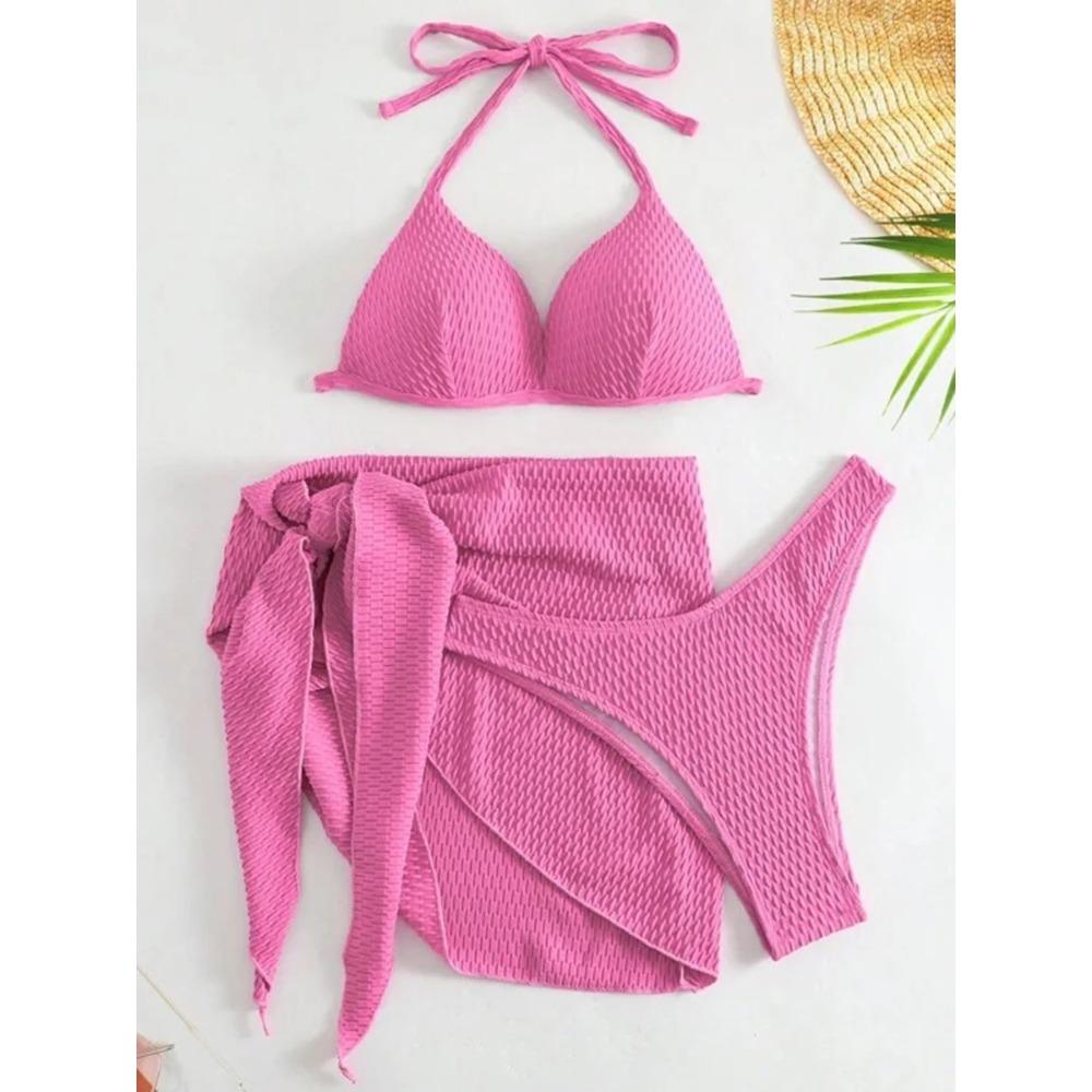 With Beach Sarong Bra Cup Wrinkled Bikini Female Swimsuit Women Swimwear Three-pieces Bikini Set Push Up Bathing Suit Swim Lady