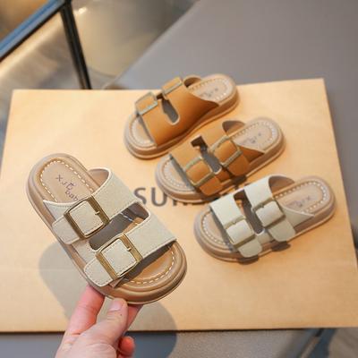 Kids Slippers Outdoors Korean Style Boys Girls Beach Shoes Non-slip Sof Sole 2025 Summer New Children Sandals Buckle Decoration