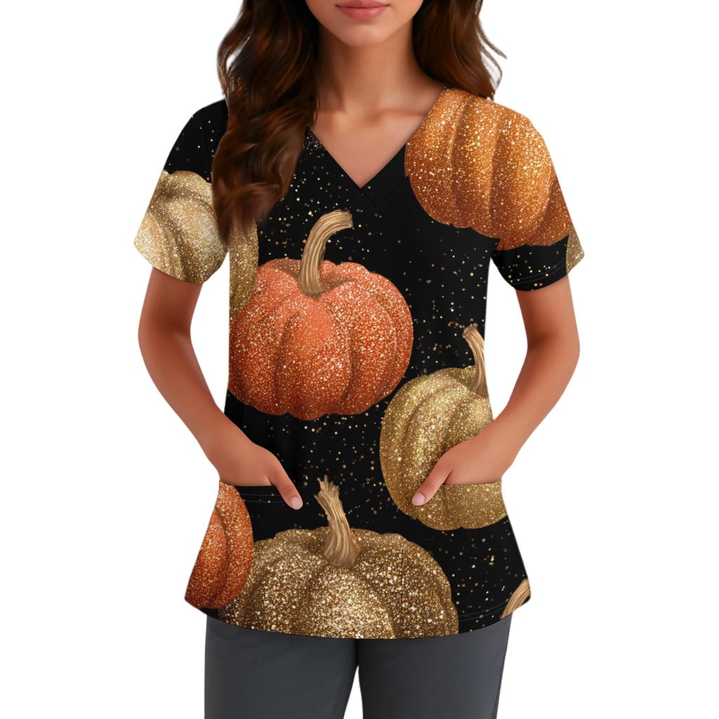 Haut pour femme à col en V et manches courtes avec poches Impression florale d'Halloween Chemise d'uniforme pour infirmière Soins de santé