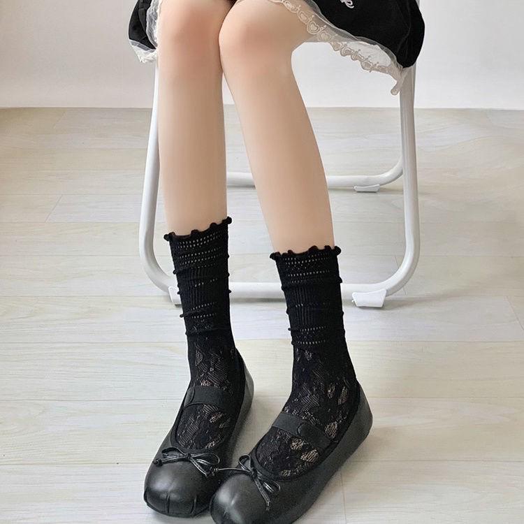 Women's White Lace Scrunch Mid-Calf Summer Socks - Mesh, JK Style, Ideal for Mary Jane Shoes