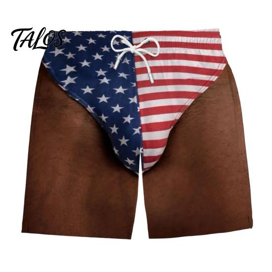 Mens Elastic Waist Swimsuit Funny Patriotic Men Shorts, American Stars And Stripes Swim Trunks, Quick Dry Board Shorts Drawstring for Summer