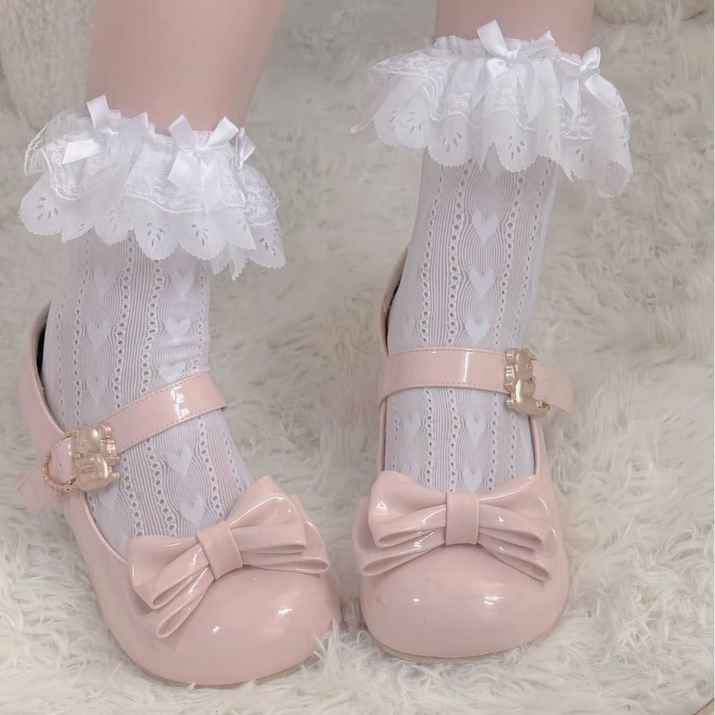 Lolita Summer Knee Socks With Lace Trim And Heart Pattern For Girls