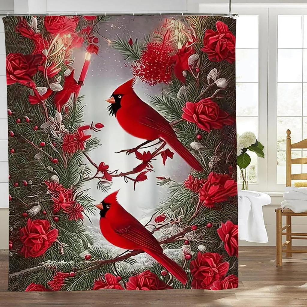Cortina de Chuveiro Cardeal Cortina de Chuveiro Pássaro Vermelho Tecido Impermeável Decoração de Banheiro Rústica para Casa Cortina com Ganchos 60"x72"