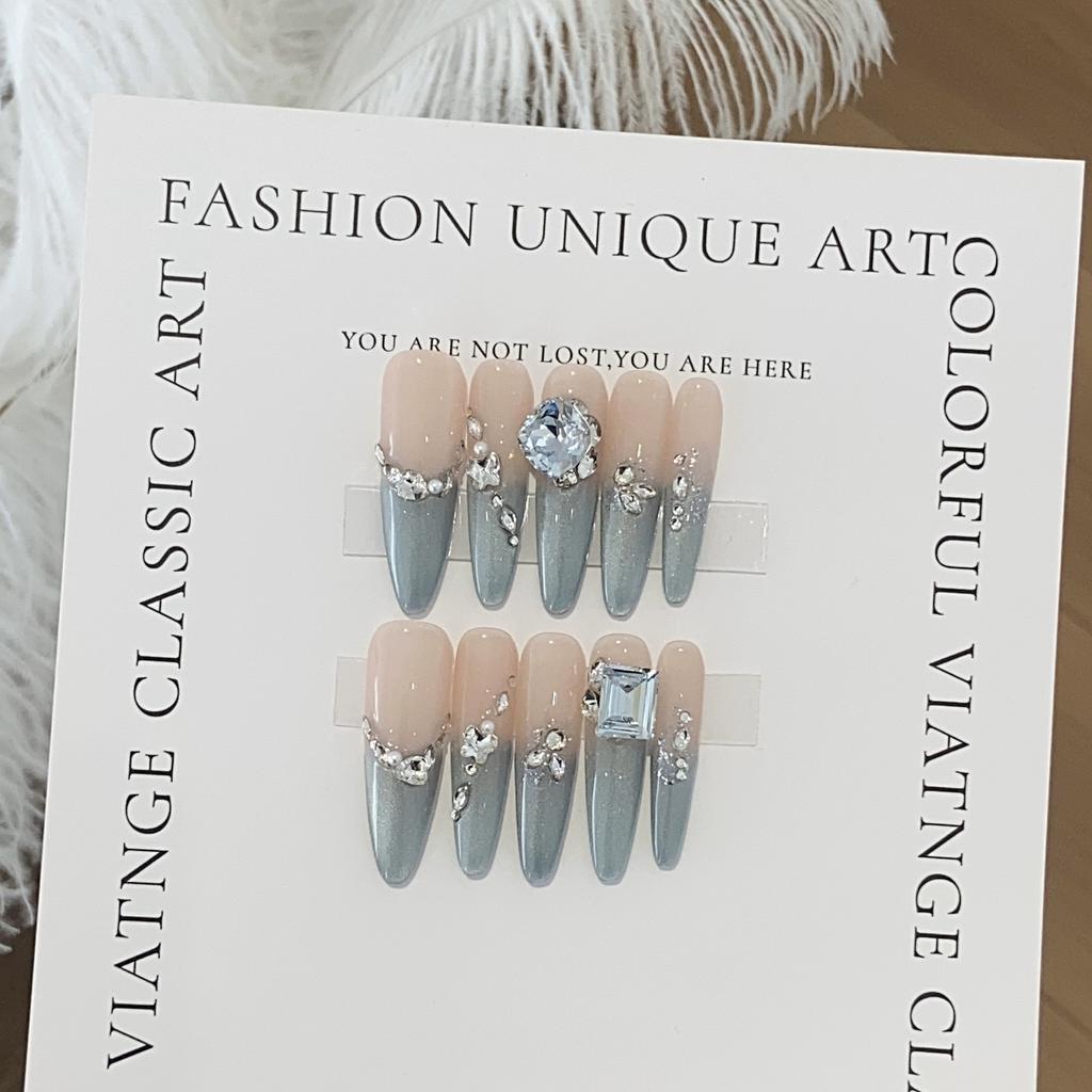 Handmade Blue Gradient Pearl Small Broken Diamond Pile Square Diamond Coconut Ice Blue Removable Nail Stickers