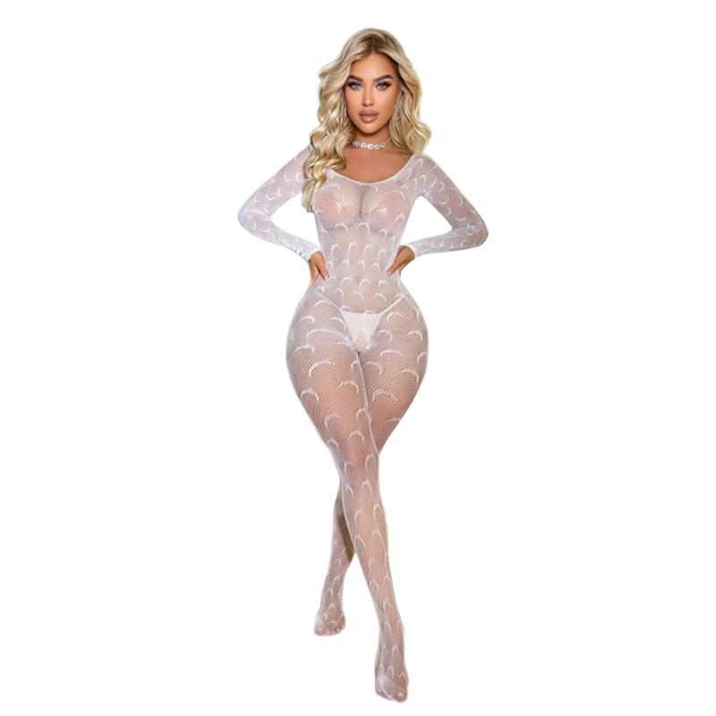 Women Fishnet Mesh Bodystocking Long Sleeve Bodysuit See Through Tights Nightwear Erotic Lingerie Crotchless Jumpsuit