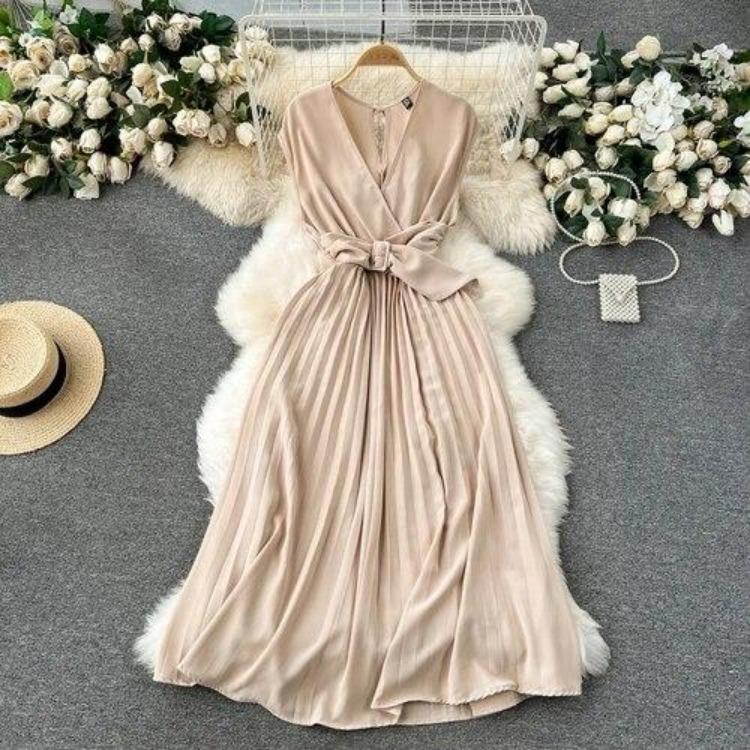 Sommer Neues Französisches Chic Maxikleid Damen V-Ausschnitt Ärmellos Schnürung A-Linie Falten Damenkleider Damen