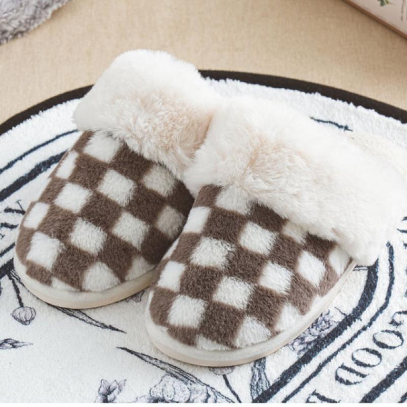 Daiso Block Check Fleece Lining Clogged Living Room Shoes 220 240 Mm Ivory