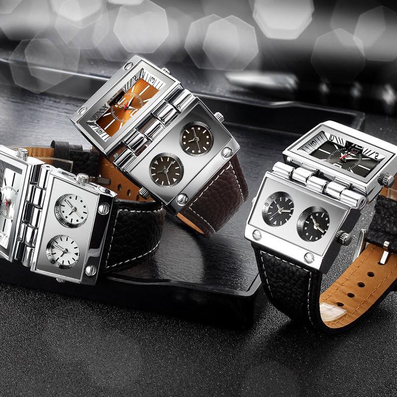 Oulm Men's Quartz Watch with Large Rectangular Dial & Multi-Time Zone Display