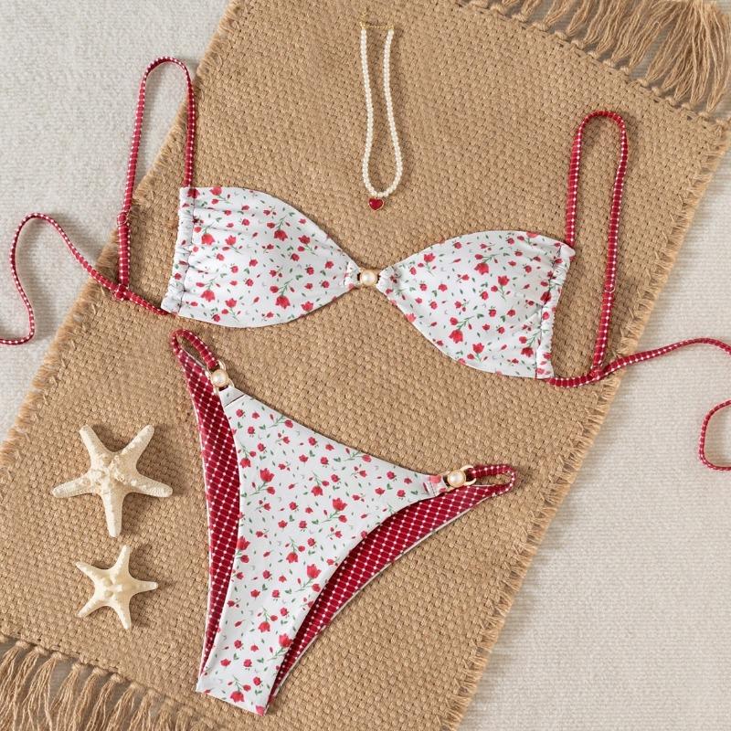 New split swimsuit leopard print lace-up pearl three-point sexy swimsuit