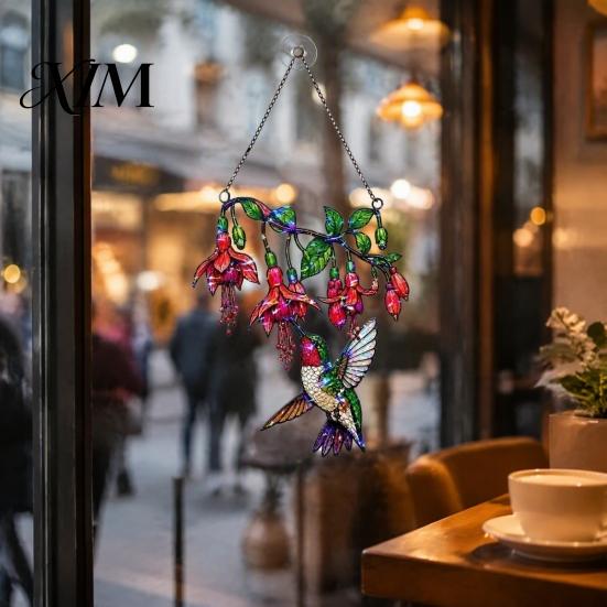 Decorative Gift for Gardening Enthusiasts Hummingbird Window Hanging Pendant, Acrylic Stained Glass Style Suncatcher Home Garden Balcony Decoration,