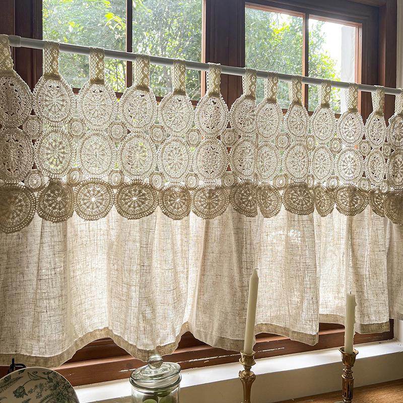 Boho Chic Geometrisch Geborduurd Imitatie Linnen Cafe Gordijn Voor Woonkamer Keukenkastjes Amerikaanse Retro Woondecoratie W110 x H60cm 1Piece&Tab top
