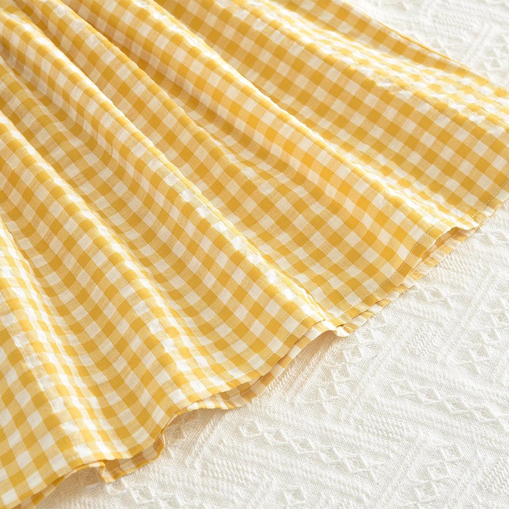 Girls' Autumn Plaid Dress with Lace Collar and Long Sleeves - Yellow and White.