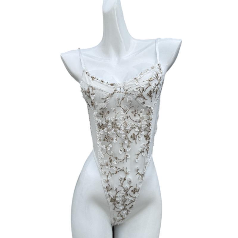 One-piece Erotic Underwear Hot-selling Lace Embroidery Hollow Transparent Sexy Suspender Mesh Temptation