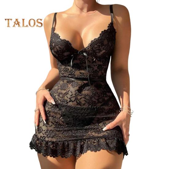 

Женская ночная рубашка с V-образным вырезом, ажурной цветочной вышивкой, без рукавов, облегающая ночная рубашка с оборками и подолом, прозрачная соблазнительная ночная рубашка для спальни M чёрный