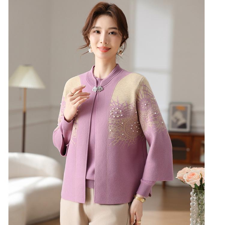 Middle-aged and Elderly Women's Sweater Set Mom Fashion Printing Two-piece Loose Knitted Sweater