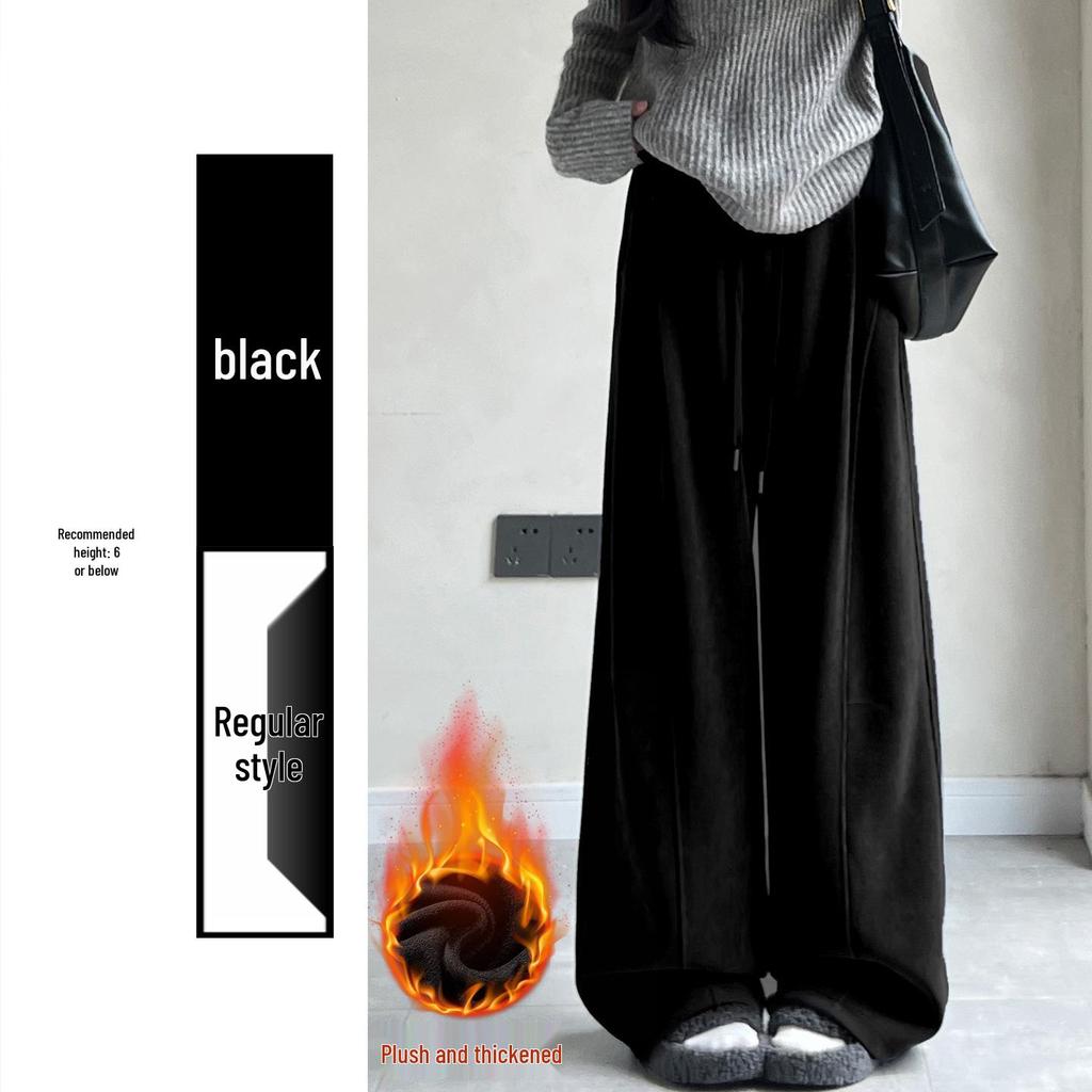 Women's High-Waisted Gray Corduroy Wide-Leg Pants - Autumn/Winter Plus Velvet Thickened Long-Leg Sports Sweatpants