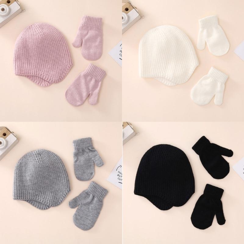 Solid Color Newborn Beanie Hat Mitten Set Warm Knitted Cap Hospital Hat for Toddler Girls Boys Ears Protections Hat