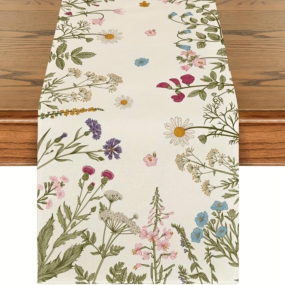 Plant Wildflower Table Runner Polyester Linen Tablecloth, Spring and Summer Countryside Farmhouse Herbal Dining Table Decor 33x180cm