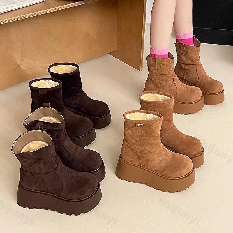 Schneestiefel für Damen Schuhe Plüsch Winter Plateau Schuhe 2025 Neue Pelz Geraffte Stiefeletten Damen Dicke Sohle Mid-Calf Stiefel