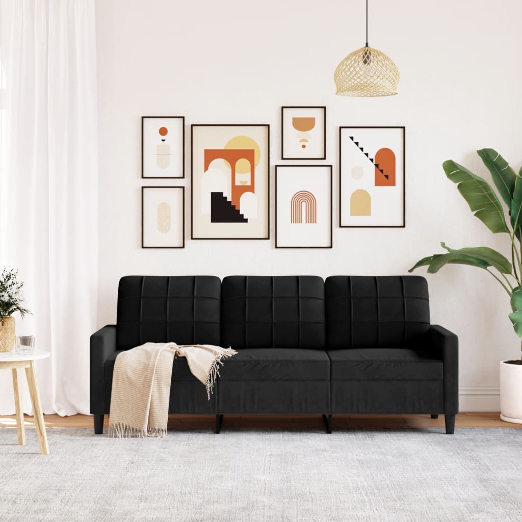 Vidaxl 3-Seater Sofa, Black, 180 Cm, Upholstered In Velvet