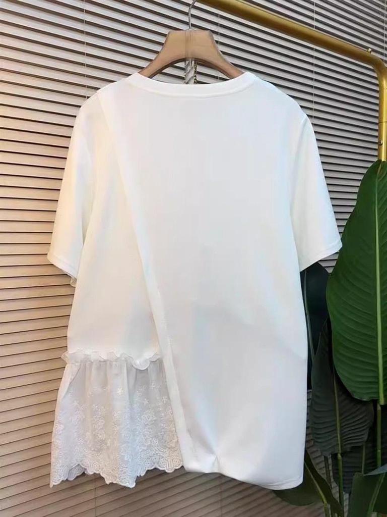 Plus Size Lace Patchwork Short Sleeve T-shirt - Women's Irregular Summer 2025 Slimming Flaw-Covering Top