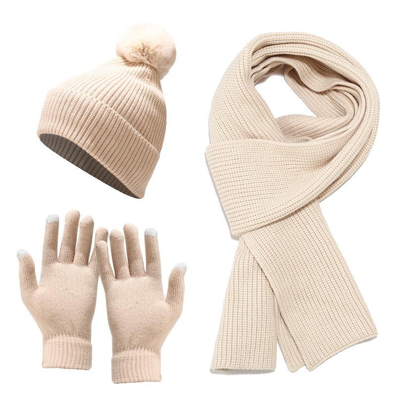 Autumn and Winter New Women's Knitted Hat Scarf Gloves Three-piece Outdoor Thickened Warm Hairball Wool Hat Set