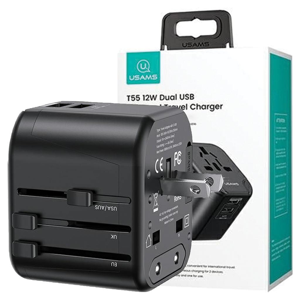 Usams Adapter Siec. 2Xusb T55 12W4W1 Us/Au/Eu/Uk Czarny/Black Cc173Tc01 (Us-Cc173) Univesal Travel Charger