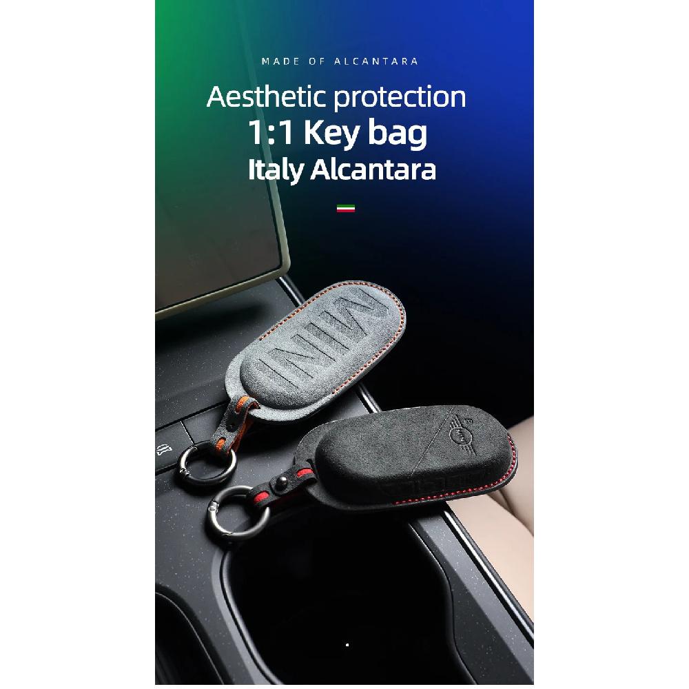 Alcantara Suede Car Key Case Cover Protector for Bmw Mini Countryman Cooper One 23 -24 Remote Accessories Holder Shell Keychain