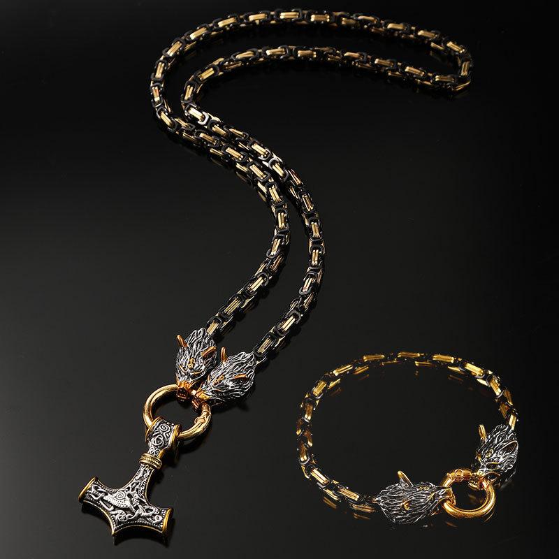 Foreign Trade Retro Nordic Viking Rune Hammer Pendant Wolf Head Necklace Bracelet Jewelry Set Stainless Steel Chain