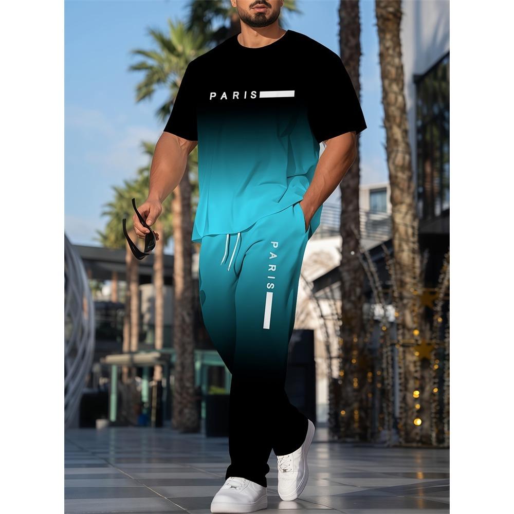 Simple Striped Printed Men's Casual Long Pants Set, Outdoor Street Fashion Trendy Men's Top And Casual Long Pants